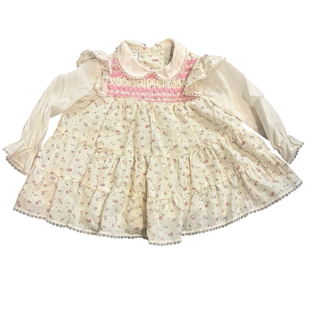 Toddler girls vintage 80s Toddler Time cream pink floral  smocked dress size 2
